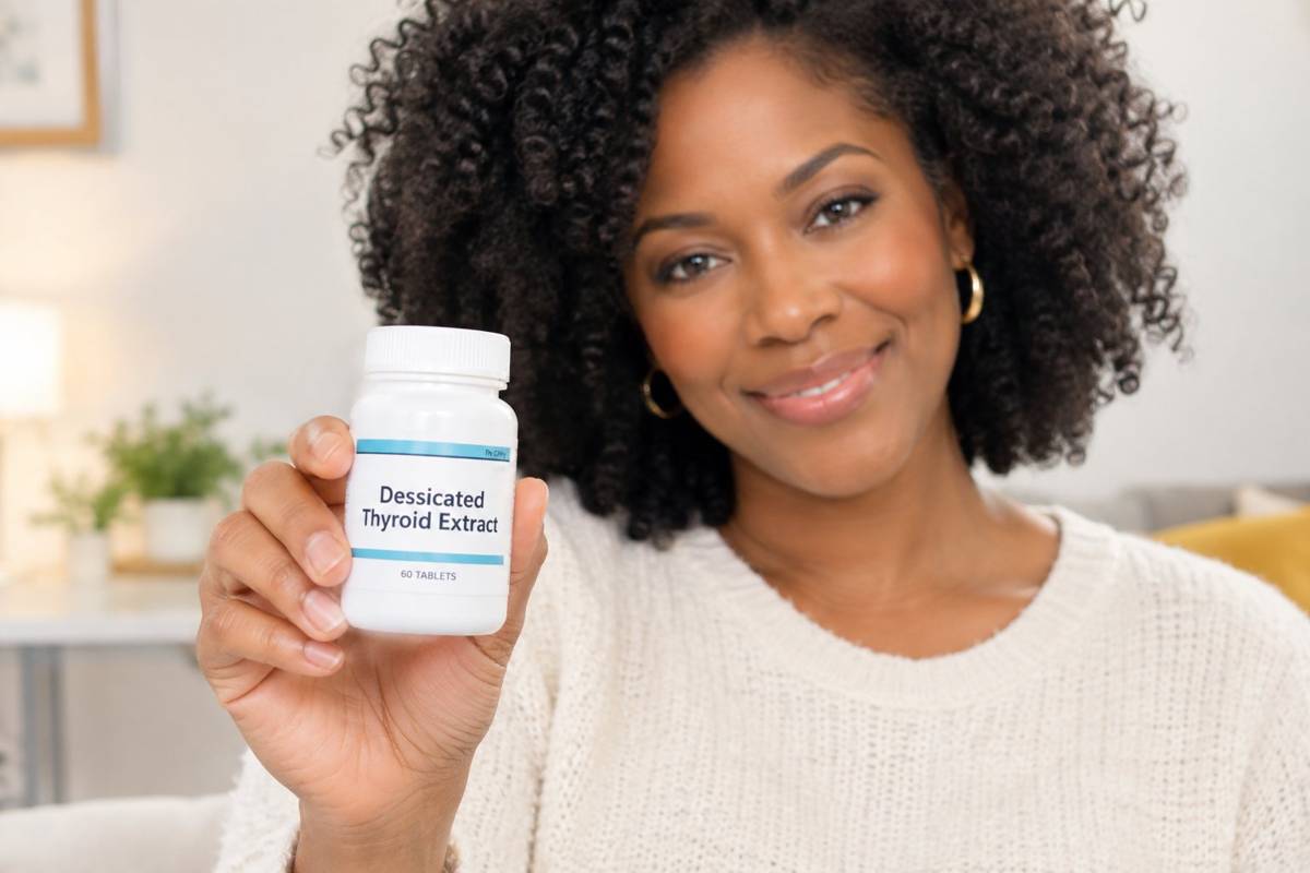 Patient holding a bottle of desiccated thyroid extract