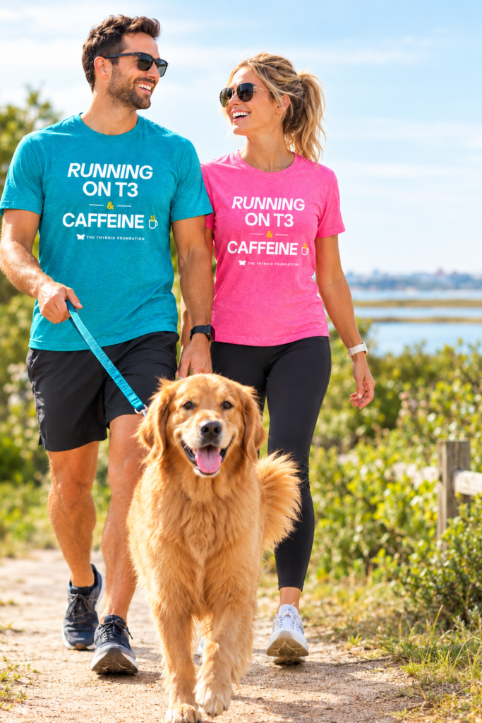 Two walkers in Running on T3 and Caffeine tees with a golden retriever on a coastal path